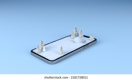 Winter Snow Field Landscape Travel Destination On Mobile Phone Screen, 3d Rendering