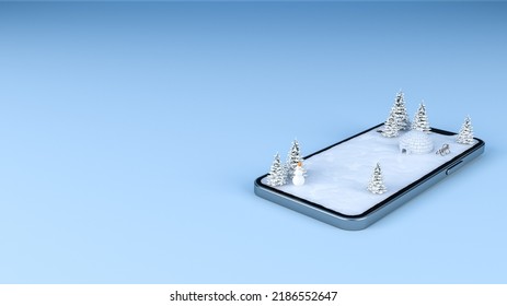 Winter snow field landscape travel destination mobile phone screen  3d rendering