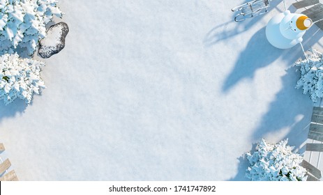 Winter Snow Field With Snowman, Sleigh, Wooden Fence And Frozen Pine Tree On Top View, 3D Rendering