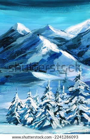 winter snow landscape, Mountains in the snow, acrylic painting, oil art on canvas