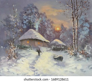 Winter Snowy Evening With The Setting Sun,fine Art, Oil Painting, Rural Landscape, Village, Tree, Winter, Snow, Nature