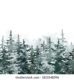 Winter snowy forest illustration. Watercolor pine and spruce trees landscape background. Evergreen woods. Wild nature in wintertime. Christmas card design.