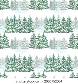 Winter snowy forest seamless pattern. Watercolor spruce and pine trees background. Natural hand painted backdrop. For Christmas packaging design, cards, invitation, wrapping paper. - Powered by Shutterstock