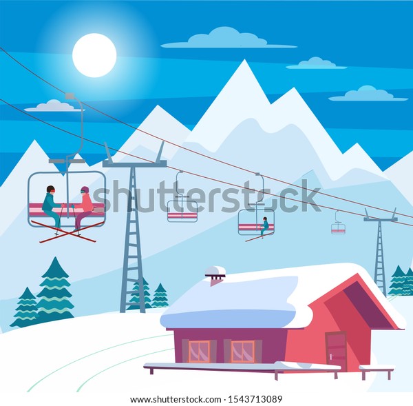 Winter snowy landscape with ski resort,\
lift, cable car, red house with snow-covered roof, Alps, fir trees,\
nature and winter mountains landscape. Sunny weather. Flat cartoon\
style\
illustration