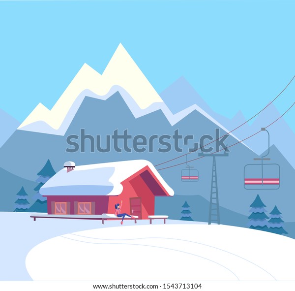 Winter snowy landscape\
with ski resort, lift, cable car, red house, snow-covered roof,\
untouched nature and winter mountains landscape. Flat cartoon style\
illustration.