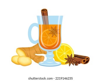 Winter Spiced Hot Mulled Drink Still Life Illustration. Hot Healthy Drink With Ginger, Lemon, Cinnamon, Star Anise And Clove Icon Set. Glass Of Mulled Wine Icon Isolated On A White Background