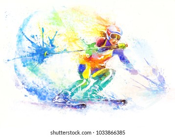 Winter sport - downhill skiing. Athlete hurtling down the snow slope. Dynamic bright watercolor
