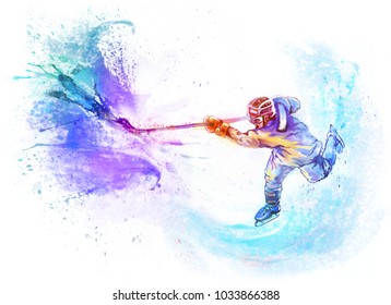 Winter sport - Hockey. Athlete is hitting with a stick on goal. Dynamic bright watercolor