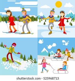 Winter Sports Flat Illustrations Set. People Skiing, Skating,  Snowboarding Outdoors, Kids  Enjoy A Sleigh Ride