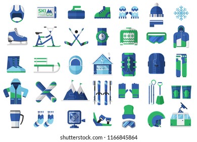 Winter Sports Icon Set. Skiing, Snowboarding And Other Snow Activities Icons. Snowboard And Ski Equipment With Ski Resort Elements In Flat Design.