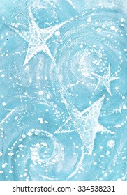 Winter Star And Snow. Blue Winter Watercolor Background. Watercolor Background With Stars And Snowflake , Illustration