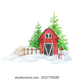 Winter time countryside landscape with red barn covered with snow. Vintage style painted illustration. Hand drawn red barn, funny snowman, fir trees, snow piles, wooden fence isolated on background - Powered by Shutterstock