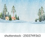 Winter time countryside landscape with small houses, pine trees, snow and ice. Vintage style painted illustration. Hand drawn winter season landscape snowing with Christmas trees, covered with snow