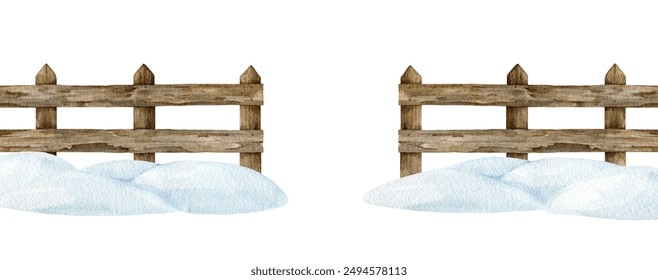 Winter time wooden fence with entrance in the middle, snow piles. Painted illustration. Winter season outdoors countryside landscape element isolated Hand drawn old farm fence covered with snowdrifts. - Powered by Shutterstock