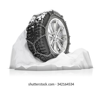 Winter Tire Chains On The Snow, Anti-skid Elements For Winter Driving, Isolated On White Background