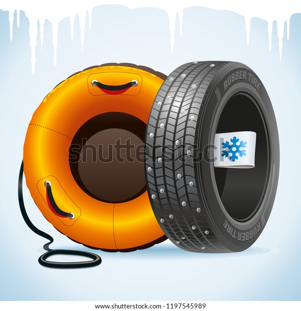 Winter tire with a winter label together\
with a snow tubing remind of change of\
tires.