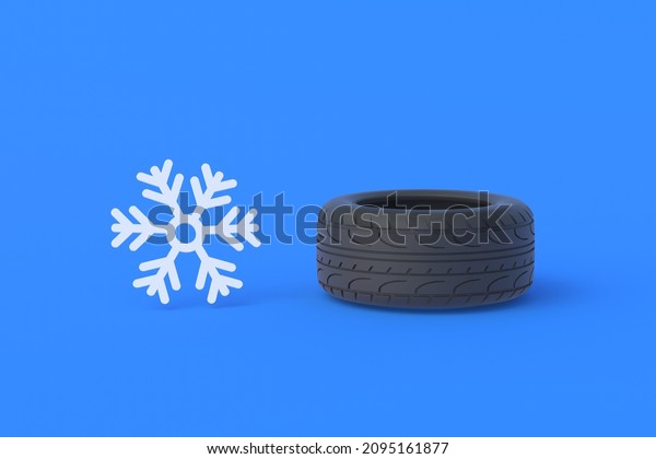 Winter tire near snowflake. Replacement, storage
and maintenance of car parts. Tire fitting services. Snow traffic
safety. High, low quality automotive details for cold season. 3d
render