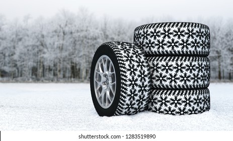 Winter Tires Advertisement, Snowflake Tread, Tire Swap,  Unconventional Product, Woods Scene, 3d Rendering