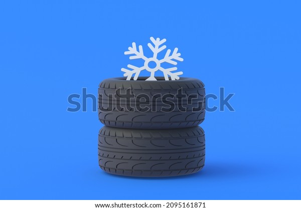 Winter tires near snowflake. Replacement, storage\
and maintenance of car parts. Tire fitting services. Snow traffic\
safety. High, low quality automotive details for cold season. Copy\
space. 3d render