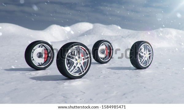 Winter tires on a background of snowstorm, snowfall\
and slippery winter road. Winter tires concept. Concept tyres,\
winter tread. Wheel replacement. Road safety. 3d illustration with\
falling snow
