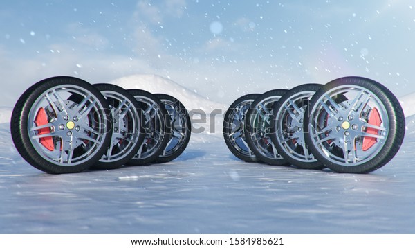 Winter tires on a background of snowstorm, snowfall\
and slippery winter road. Winter tires concept. Concept tyres,\
winter tread. Wheel replacement. Road safety. 3d illustration with\
falling snow