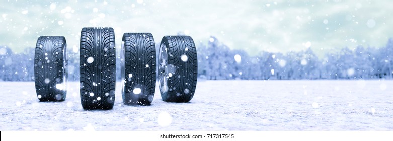 Winter Tires In The Snow As Panorama Car Safety Concept (3D Rendering)