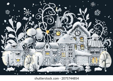 Winter Town, Christmas Snow Houses And Trees. Landscape Scene Creator. Hand Drawn Watercolor Illustration Isolated On White Background