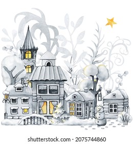 Winter Town, Christmas Snow Houses And Trees. Landscape Scene Creator. Hand Drawn Watercolor Illustration Isolated On White Background