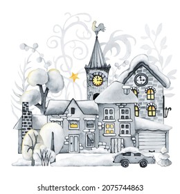 Winter Town, Christmas Snow Houses And Trees. Landscape Scene Creator. Hand Drawn Watercolor Illustration Isolated On White Background