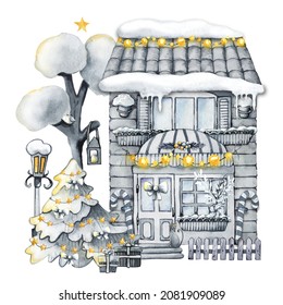 Winter Town, Christmas Snow Houses And Trees. Landscape Scene Creator. Hand Drawn Watercolor Illustration Isolated On White Background