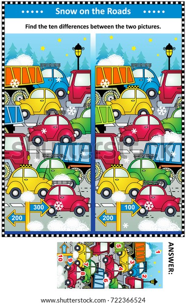 Winter traffic jam picture puzzle: Find the\
ten differences between the two pictures of cars and trucks on the\
road. Answer\
included.\
