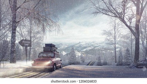 Winter Travel Holiday Background 3D Rendering, 3D Illustration