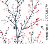 Winter tree branches with red berries snowy seamless watercolor hand drawn pattern on the white background