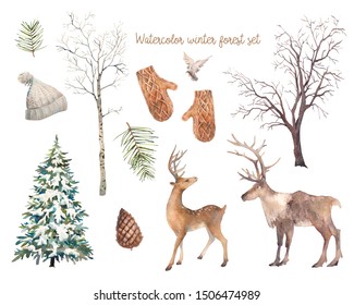 Winter Trees And Animals Set. Watercolor Silhouettes Of Snow Covered Christmas Tree, Birch And Elm, Deers, Bird, Pinecone. 