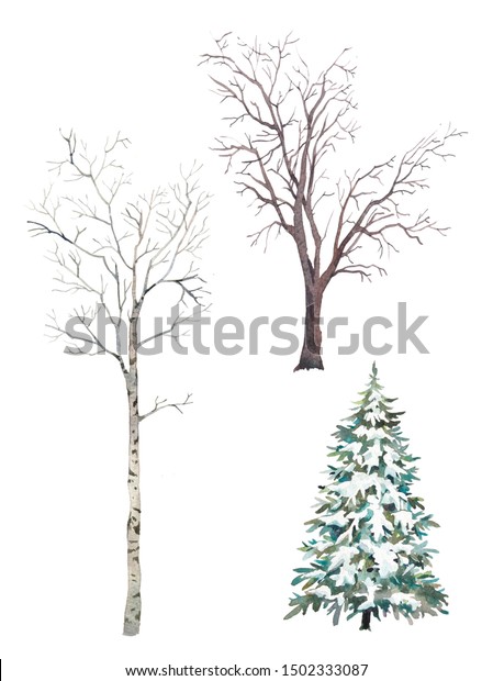 冬の木が立つ 雪の水彩のシルエットが クリスマスツリー 樺 楡の木に覆われました のイラスト素材