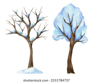 Winter trees without leaves covered with snow. Hand drawn watercolor illustrations of trees isolated on white background. - Powered by Shutterstock