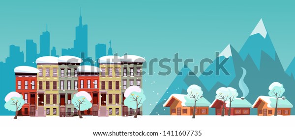 Winter Urban and Countryside Landscape. City Village\
Real Estate. Citiscape vs suburb. Urban landscape with three-story\
houses and suburb with private houses on background mountains.\
Snowy Flat