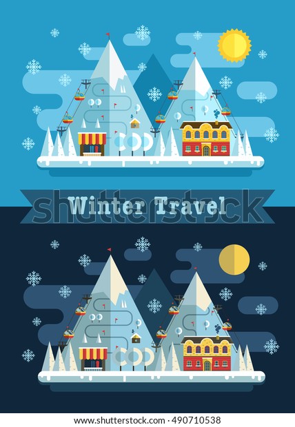 Winter vacation flat landscape. Ski mountain resort 
concept at day and night. Winter time poster evening and morning
landscape in flat design with funiculars, mountains, hotel and
snow. 