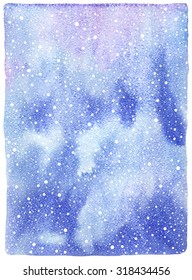 Winter Watercolor Abstract Background With Falling Snow Splash Texture. Christmas, New Year Hand Drawn Template. White Snowflakes, Shades Of Blue Watercolour Stains. Rough Edges.