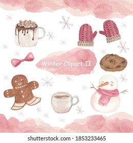 Winter Watercolor Clipart. Cookie, Pink Watercolor Splash, Gingerbread Girl, Snowman, Hot Chocolate Marshmellow, Coffee, Mittens, Ribbon, Snowflakes