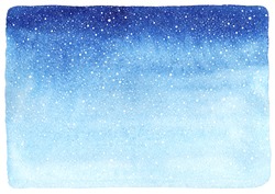Winter Watercolor Horizontal Gradient Background With Falling Snow Splash Texture. Christmas, New Year Hand Drawn Template With Uneven Edges. Shades Of Blue Watercolour Stains.