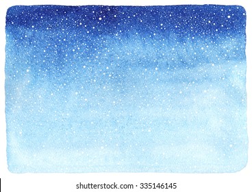 Winter watercolor horizontal gradient background and falling snow splash texture  Christmas  New Year hand drawn template and uneven edges  Shades blue watercolour stains 