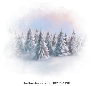 Winter watercolor landscape in a white frame. Illustration of a forest at sunset.