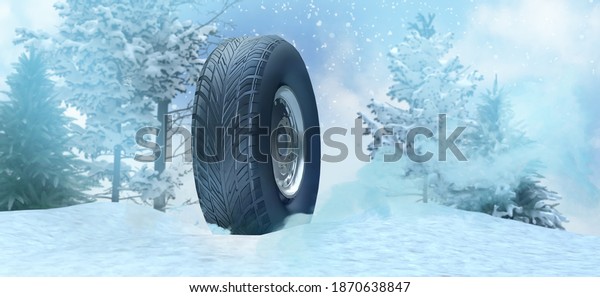 Winter wheel tires in the snow as a car\
safety concept panorama, 3d render\
illustration