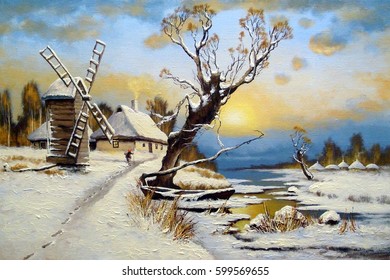 Winter, Windmill And  House, Ukrainians, Oil Paintings