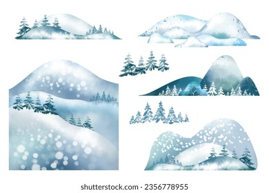 Winter wonderland landscape illustration
Snowdrift digital Christmas clipart set isolated white background Snowy hills digital download Watercolor snow  capped mountains coniferous forest drawing 