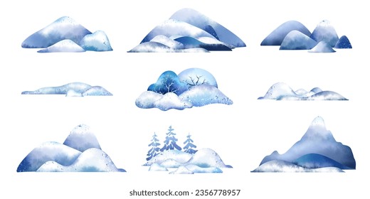 Winter wonderland landscape illustration
Snowdrift digital Christmas clipart set isolated white background Snowy hills digital download Watercolor snow  capped mountains coniferous forest drawing 