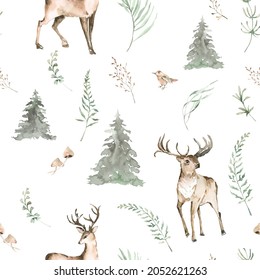 Winter Woodland Seamless Pattern For Fabric, Watercolor Forest Animals Seamless Digital Paper, Natural Christmas Repeat Pattern For Nursery Decor, Textile, Wrapping Paper, Christmas Gifts