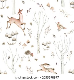 Winter woodland seamless pattern for fabric, Watercolor forest animals seamless digital paper, Natural Christmas repeat pattern for nursery decor, textile, wrapping paper, christmas gifts