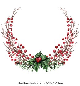 Winter Wreath With Watercolor Dry Branches, Holly And Red Berries